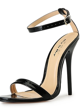 13cm一字带细跟腕带 7cmCD变装伪娘大码高跟女凉鞋454647码亮黑色