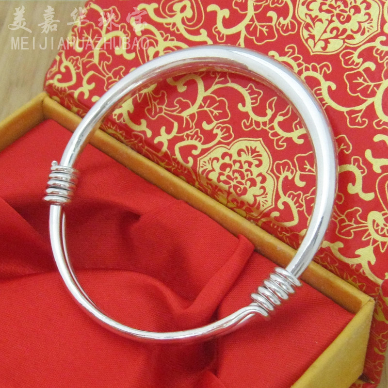 S999纯银女款圆肚手镯光面实心推拉镯子银饰品送女友妈妈时尚礼