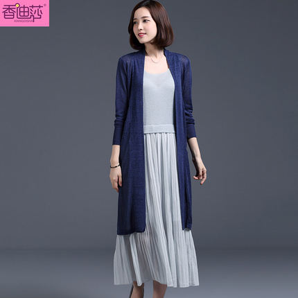 2016新款外搭长袖亚麻中长款开衫针织衫女春