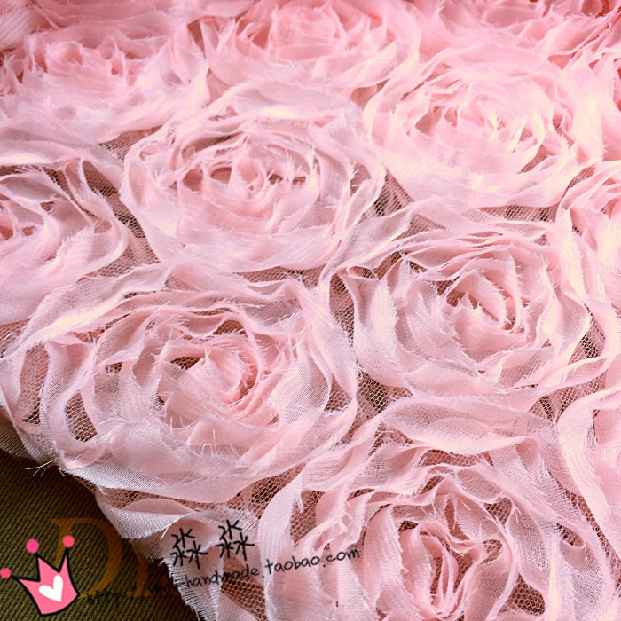 春夏新款服装布料 粉红色立体花网纱雪纺盘花 礼服婚纱蕾丝面料