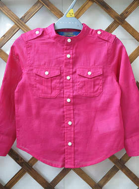 外贸原单RL女童夏秋季全棉大童衬衫玫红色立领两用袖休闲长袖衬衫