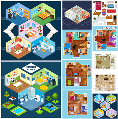 A3498矢量扁平化轴测图建筑室内家具家居平面图 AI设计素材