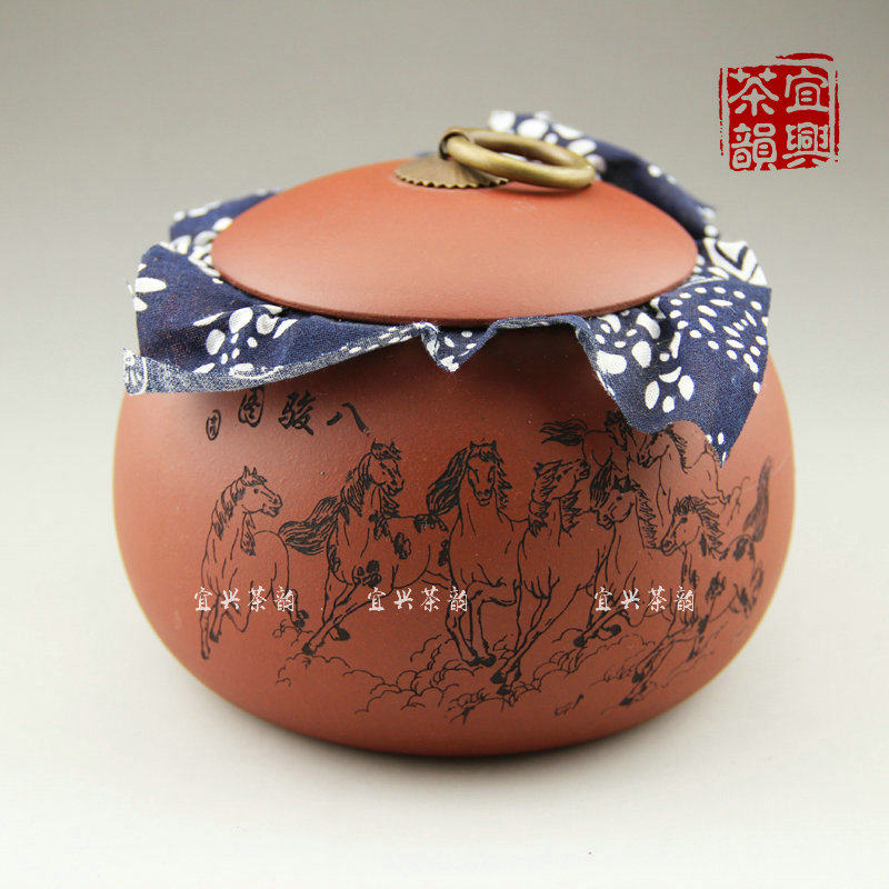 特价甩卖 宜兴正品紫砂茶叶罐 精品陶瓷散茶罐西施罐 陶刻八骏图