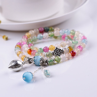 水晶龙纹七彩玛瑙藏银莲花头三圈手链手串档位珠毛衣链汽车挂饰