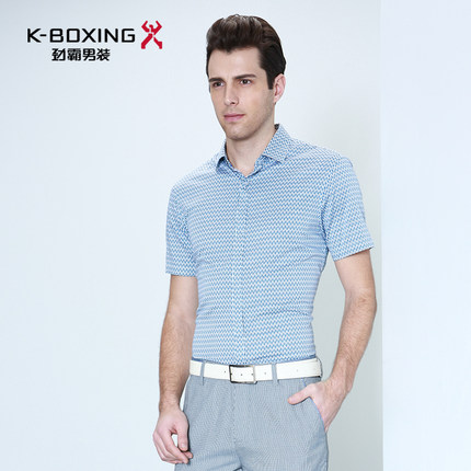 劲霸商务衬衫男短袖 夏季时尚鱼纹印花翻领绅士男装 百搭衬衣 男