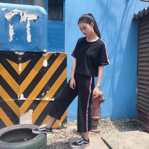 韩版运动休闲套装宽松夏装女装短袖短款T恤上衣+阔腿裤学生两件套