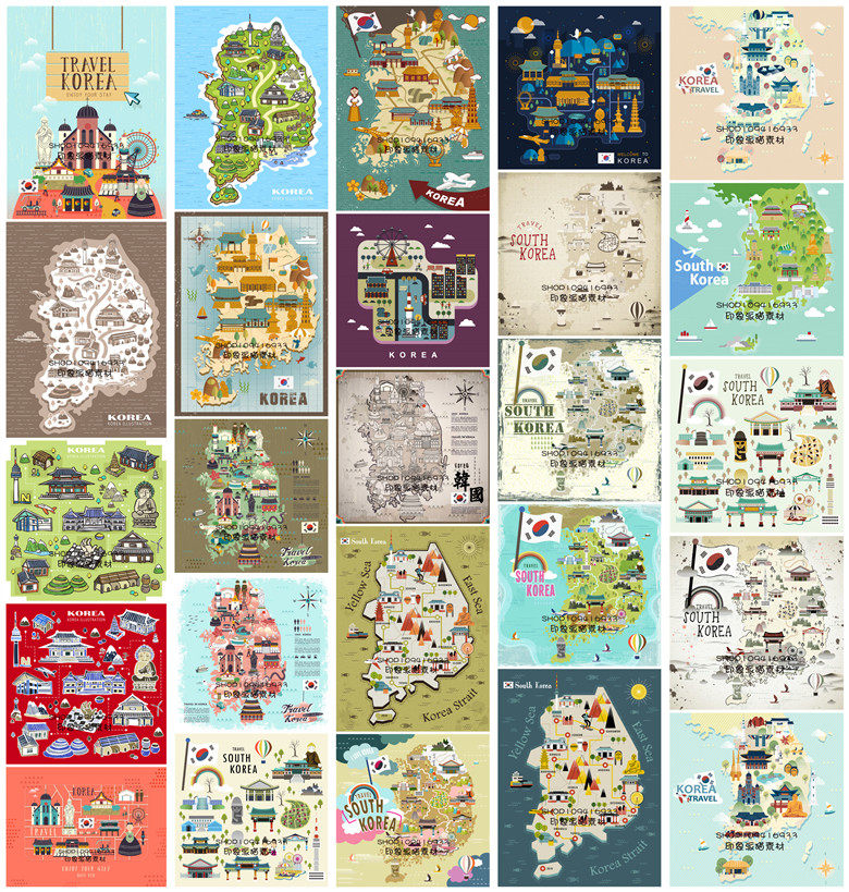 矢量设计素材 27张卡通手绘扁平化地图韩国旅游海报插画 eps格式