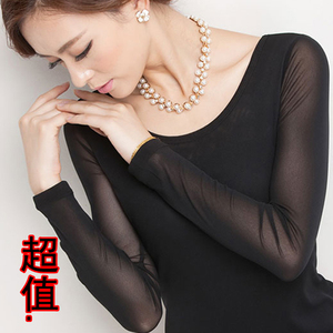 黑色网纱打底衫女长袖2016春秋女装薄款修身显瘦蕾丝拼接纱网T恤