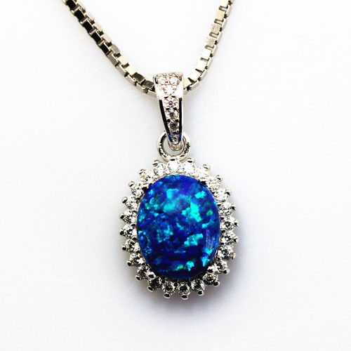 椭圆蓝欧泊石吊坠项链澳宝石女