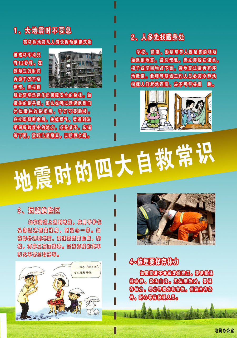 751海报印制展板写真喷绘504地震时的四大自救常识展板