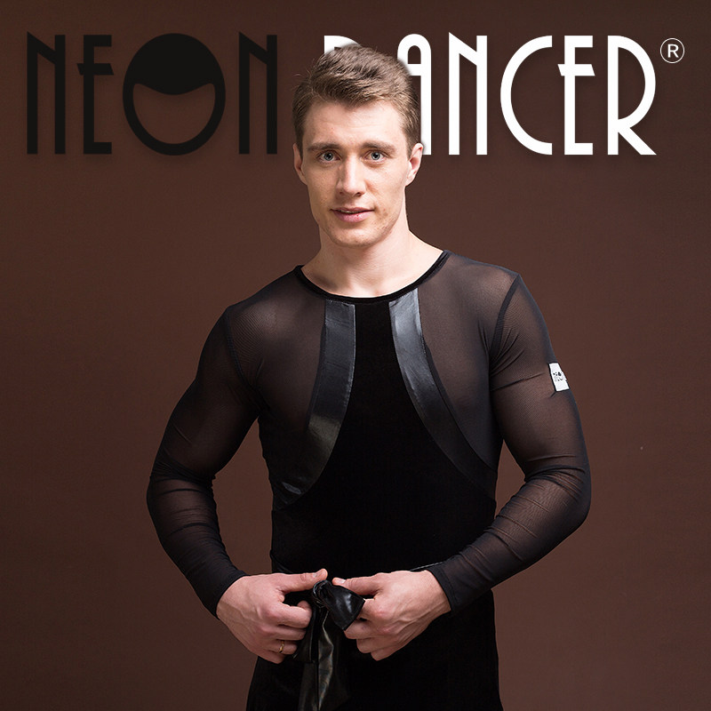 NEON DANCER 男士拉丁舞服 2017新款网纱拼皮练功表演上衣