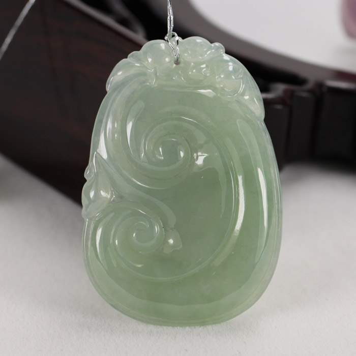 正品天然翡翠A货冰糯种浅绿色 事事如意灵芝吊坠挂件带证书包邮