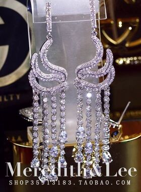 Meredith&Lee意大利天鹅羽毛水滴流苏闪耀结婚礼服晚宴锆石耳环