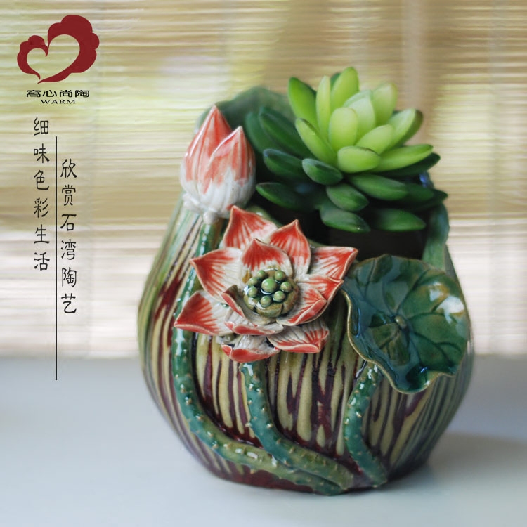 中式桌面水培陶瓷手工立体花瓶新荷露尖多肉干花器家居装饰品摆件