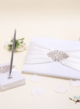 RedBox婚庆用品 米白色串珠结婚签到本 婚礼签名册 创意 签名笔座