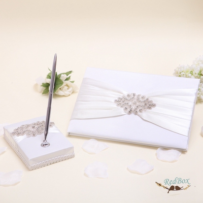 RedBox婚庆用品 米白色串珠结婚签到本 婚礼签名册 创意 签名笔座
