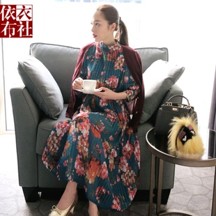 现货 韩国女装HP022优雅微透褶皱长袖花朵雪纺连衣裙长裙