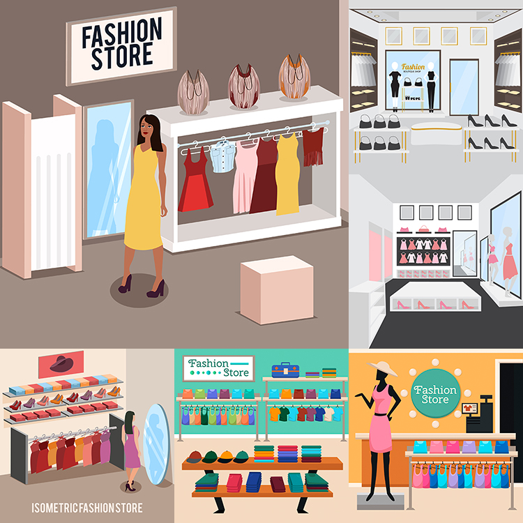 商店商品展示 卡通店铺产品摆放柜台效果 AI格式矢量素设计素材