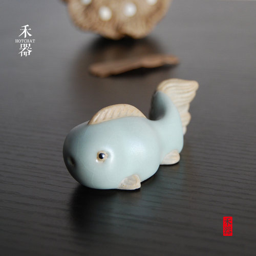 禾器堂 手工汝窑开片可养Q版娃娃鱼小茶宠 功夫茶具茶道摆件