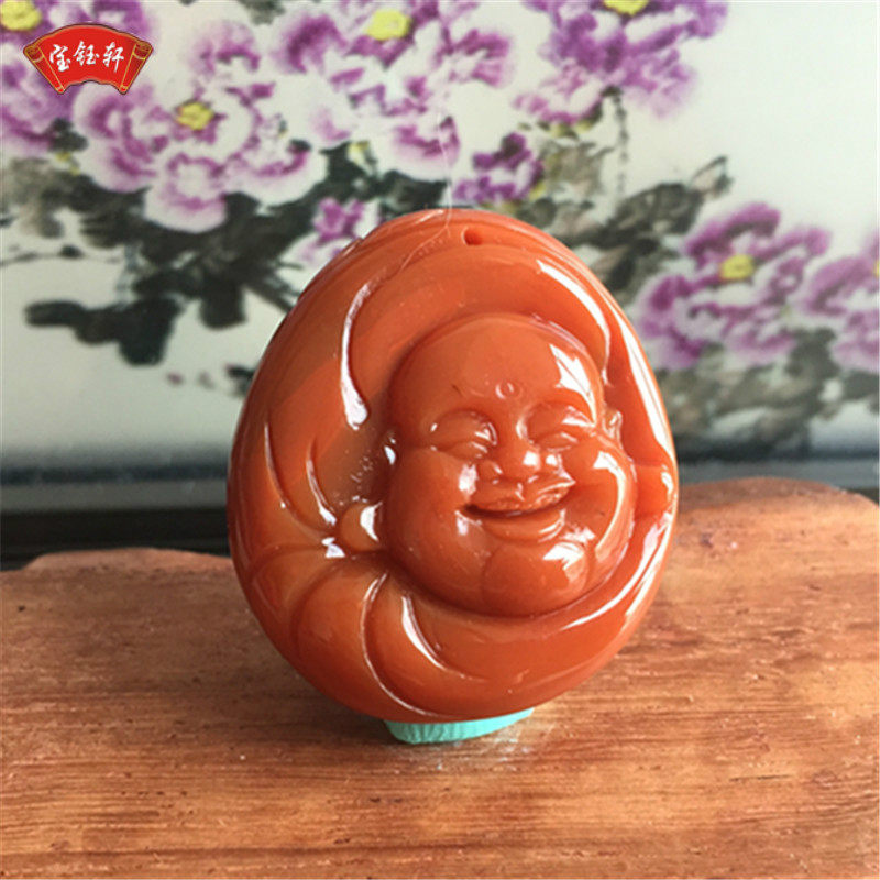 天然四川南红玛瑙弥勒佛吊坠小雕件 柿子红玉石笑佛雕刻挂件项坠