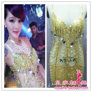 欧美酒吧ds演出服性感大气女歌手百大dj爵士舞金色镂空gogo舞台装