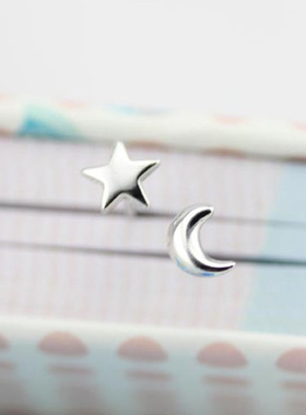 星月小耳钉 925纯银耳钉 不对称素银亮面星月 防过敏