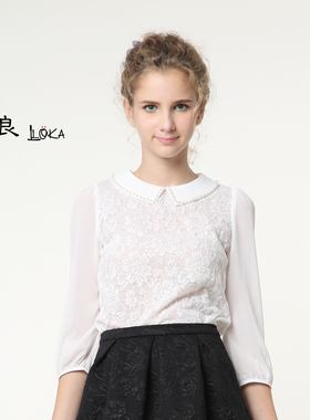 品良LOKA2015秋款白色衬衫时尚蕾丝拼接修身衬衫女装