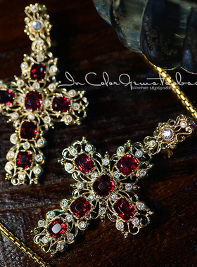 拜占庭女王/天然红尖晶石耳环 k金配白蓝宝 鉴赏/InColor彩定制