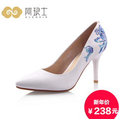 Alang spring 2016 national wind embroidered shoes of professional women's shoes with leather high heel dress blue and white porcelain 074