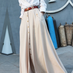 LISA YU/丽莎余新款原创欧美复古长款A字大摆裙伞裙高腰半身长裙