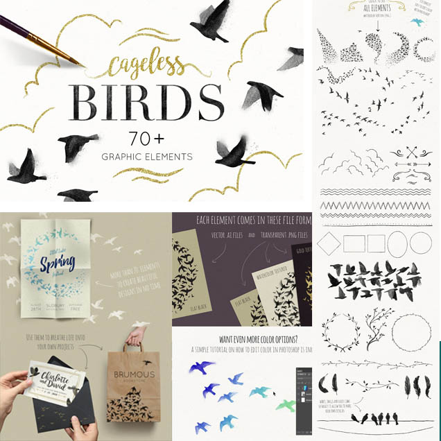 A0220矢量水墨风格飞翔的鸟群插画羽毛AI设计素材+PNG格式