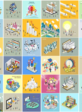 矢量设计素材 37张扁平化图标Isometric人物轴测图移动互联网工作