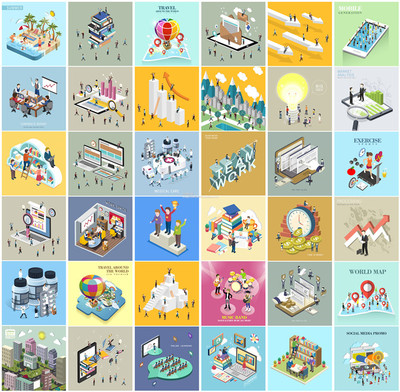 矢量设计素材 37张扁平化图标Isometric人物轴测图移动互联网工作