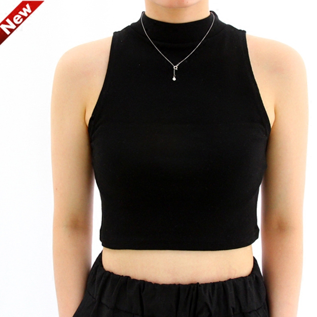 欧美AA半高领细肩带挂脖短款露脐背心女 紧身纯棉打底舞蹈大码T恤