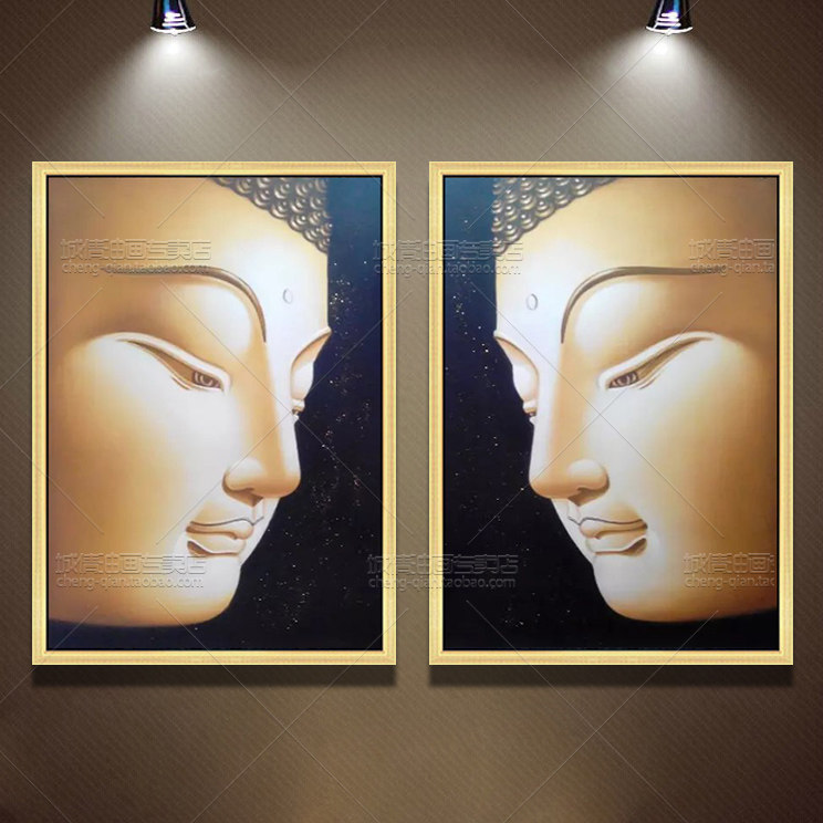 纯手绘金色佛像油画泰式玄关有框画 东南亚宗教装饰画镇宅镇店画