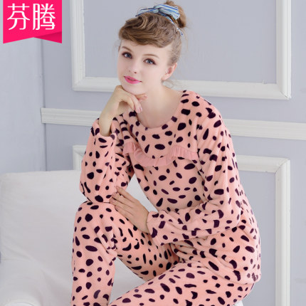 芬腾<em>2015</em>新款加厚<em>珊瑚绒睡衣</em>女<em>套头</em>圆领豹纹