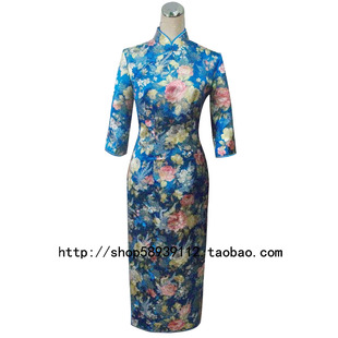 红影旗袍 蓝色牡丹花旗袍 宴会 婚礼礼服 中式