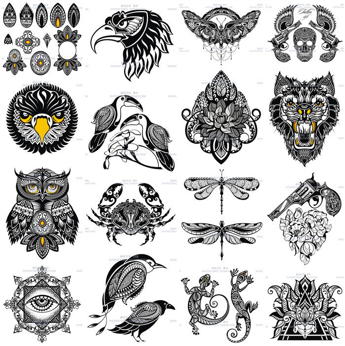a3496矢量民族风动物图腾神秘符号狼老鹰猫头鹰鸟花纹 ai设计素材