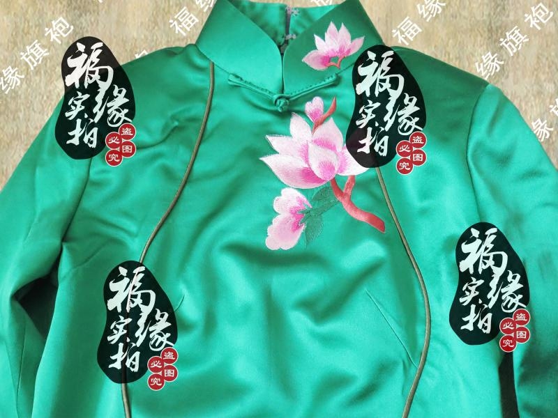 日常旗袍裙定制做时尚改良绣花重磅真丝新绿一枝玉兰通勤休闲