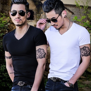 短袖男t恤鸡心v领纯棉韩版夏季新款成熟上衣服紧身纯黑色