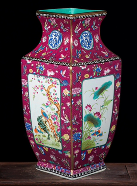景德镇陶瓷器花瓶 仿古描金珐琅彩扒花纹四方花鸟花瓶 中式摆件设