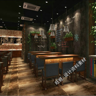 餐厅设计CAD施工图纸高清效果图素材 个性 c26工业风格 餐厅复古时尚