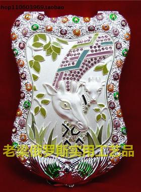 Z2俄罗斯锡金属双面折叠化妆镜子盾形大号美钻美纹白色情侣长颈鹿