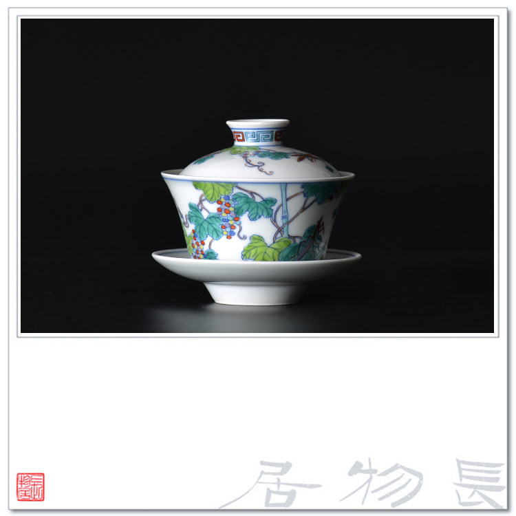 长物居 手绘斗彩陶瓷盖碗三才碗 景德镇手工瓷器盖杯茶碗茶具|msdalam kategori pinggan mangkuk, set teh, mangkuk sup - dari Buy2taobao.com untuk memberikan perkhidmatan ejen Taobao profesional membeli