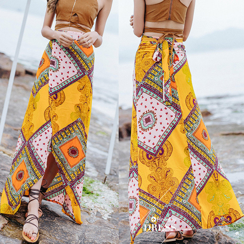 不规则系带显瘦半身裙波西米亚民族风沙滩印花泰国度假开叉长裙女在类目 女装/女士精品, 半身裙中 - 来自Buy2taobao.com提供专业的淘宝代购服务