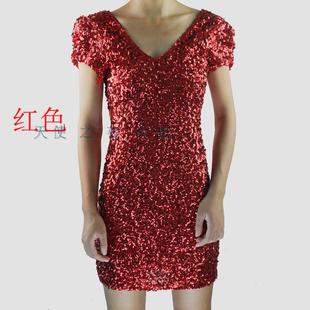 亮片小礼服裙 节目主持人服装 双V修身 结婚敬酒服 连衣裙 短袖