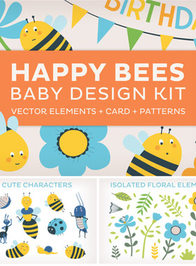 [514]可爱扁平化蜜蜂宝宝花朵插画png高清+AI矢量设计素材