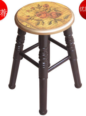 美式乡村实木凳子43高 圆餐凳白色田园 换鞋凳电脑休闲凳日式包邮