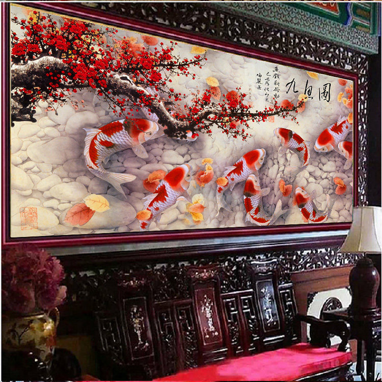 新款钻石画客厅满钻梅花九鱼5D