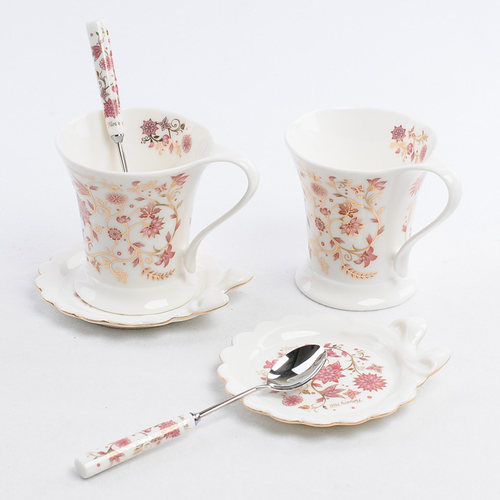 韩国原装进口24K描金边情侣咖啡杯礼盒富贵花结婚礼物